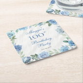 Dessous-de-verre Carré En Papier Elégant cadre floral bleu 100e fête d'anniversaire (Incliné)