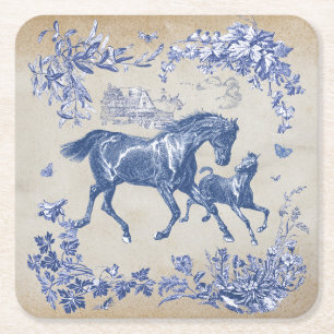 Dessous-de-verre Carré En Papier Élégant Cheval bleu Vintage Floral