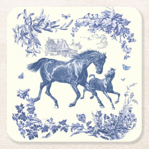 Dessous-de-verre Carré En Papier Élégant Cheval bleu Vintage Floral