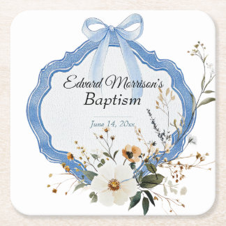 Dessous-de-verre Carré En Papier Élégant floral Dusty Baptême bleu
