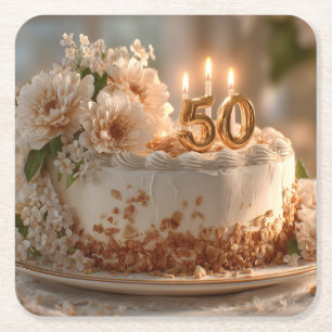 Dessous-de-verre Carré En Papier Élégant gâteau 50e anniversaire avec Topper doré