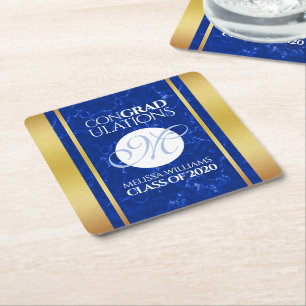 Dessous-de-verre Carré En Papier Élégant Graduation Monogramme Bleu Marbre Or Huile