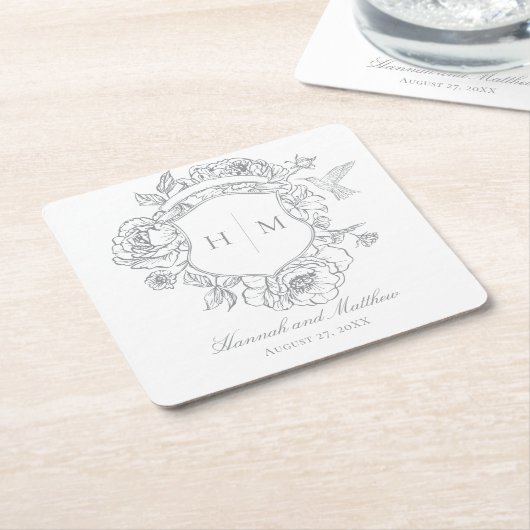 Dessous-de-verre Carré En Papier Elégant Gris Chinoiserie Bird Crest Mariage (Incliné)