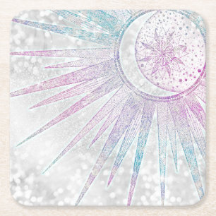 Dessous-de-verre Carré En Papier Elegant Iridescent Sun Moon Mandala Silver Design