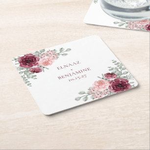 Dessous-de-verre Carré En Papier Élégant mariage aquarelle rose bordeaux et rose