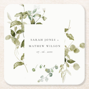 Dessous-de-verre Carré En Papier Élégant Mariage d'aquarelle de feuillage botanique