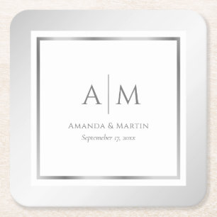 Dessous-de-verre Carré En Papier Élégant Mariage d'argent monogramme