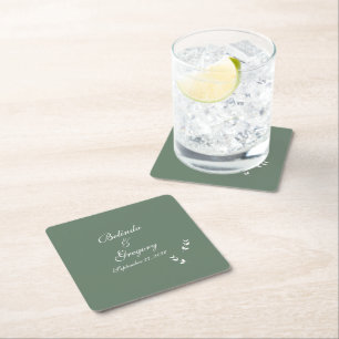Dessous-de-verre Carré En Papier Élégant Mariage de script en vert d'olive Sage for