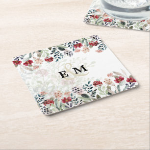 Dessous-de-verre Carré En Papier Élégant Mariage Floral Bleu Bourgogne MONOGRAMMMÉ