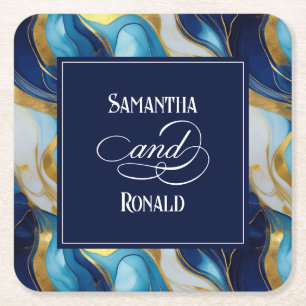Dessous-de-verre Carré En Papier Elégant Mariage marbré Faux Gold, Bleu et Blanc