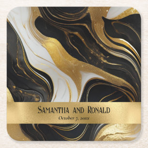 Dessous-de-verre Carré En Papier Elégant Mariage marbré Faux Gold, noir et blanc