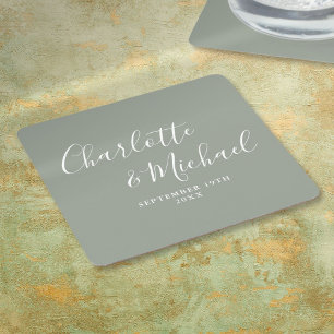 Dessous-de-verre Carré En Papier Élégant Mariage Vert Sauge Écriture Signature
