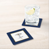 Dessous-de-verre Carré En Papier Elégant Marine Blue Gold Palm Tree Mariage moderne (En situation)