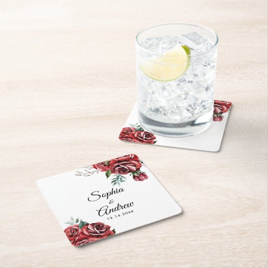 Dessous-de-verre Carré En Papier Élégant Marsala Rouge Rose Rustique Mariage
