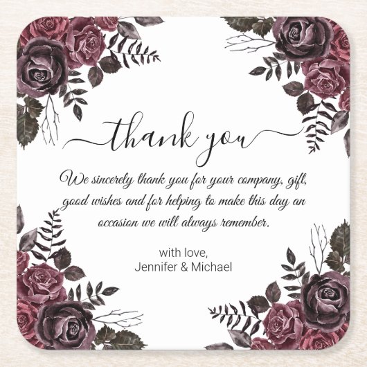 Dessous-de-verre Carré En Papier élégant merci fleurs gothiques mariage (Devant)
