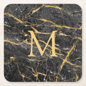 Dessous-de-verre Carré En Papier Élégant Monogramme en marbre noir moderne (Devant)