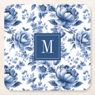 Dessous-de-verre Carré En Papier Élégant Monogramme Floral Bleu Vintage