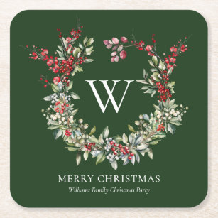 Dessous-de-verre Carré En Papier Élégant Monogramme Joyeux Noël Vacances Wreath