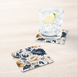Dessous-de-verre Carré En Papier Élégant motif floral bleu marine et crème caractér