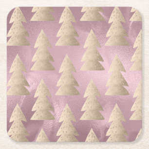Dessous-de-verre Carré En Papier Élégant motif moderne de Noël doré et rose