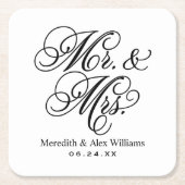 Dessous-de-verre Carré En Papier Elégant noir et blanc M. et Mme Mariage (Devant)