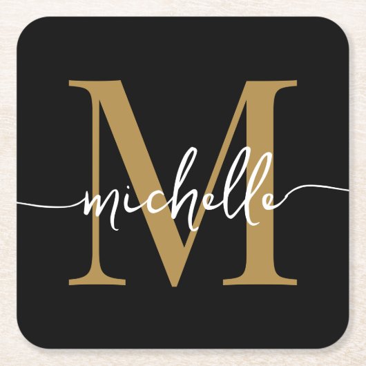Dessous-de-verre Carré En Papier Élégant Noir moderne Monogramme Nom Script (Devant)