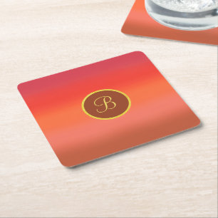 Dessous-de-verre Carré En Papier Élégant ombré rouge chaud rayé monogramme chic
