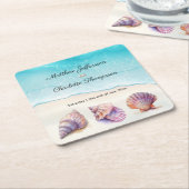 Dessous-de-verre Carré En Papier Elégant Plage Mariage Coquillages Perles Nautiques (Incliné)