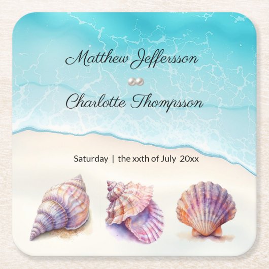 Dessous-de-verre Carré En Papier Elégant Plage Mariage Coquillages Perles Nautiques (Devant)