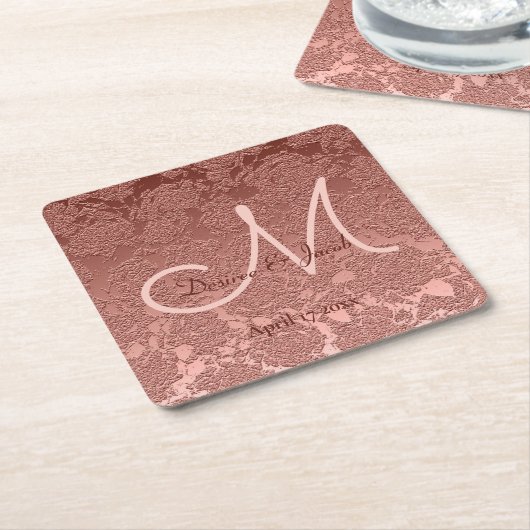 Dessous-de-verre Carré En Papier Élégant Rose Gold Wedding Réception Monogramme (Incliné)