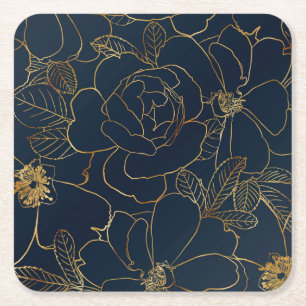 Dessous-de-verre Carré En Papier Elégant Roses or Floral Dessin bleu Design