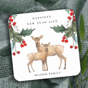 DESSOUS-DE-VERRE CARRÉ EN PAPIER ÉLÉGANT ROUGE VERT HOLLY BERRY DEER DUO NOUVEL AN