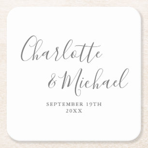 Dessous-de-verre Carré En Papier Élégant Script Signature Gris Et Mariage Blanc