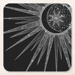 Dessous-de-verre Carré En Papier Elégant Silver Sun Moon Mandala Black Design