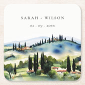 Dessous-de-verre Carré En Papier Elégant Toscane Italie Aquarelle Mariage paysage (Devant)
