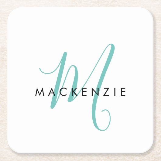 Dessous-de-verre Carré En Papier Élégant Turquoise de script blanc moderne Monogram (Devant)