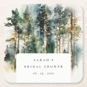 Dessous-de-verre Carré En Papier Elégante aquarelle Fête des mariées forestière
