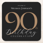 Dessous-de-verre Carré En Papier Elégante Black Gold 90th Birthday Party<br><div class="desc">Elégant Black Gold 90th Birthday Party Carré Dessous de verre papier. Célébrez un anniversaire marquant avec notre design élégant Black and Gold Simple, parfait pour ajouter une touche de sophistication à votre journée spéciale. Ce design personnalisable présente un arrière - plan noir élégant, orné d'élégants accents dorés, créant un look...</div>