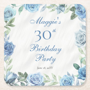 Dessous-de-verre Carré En Papier Elégante Blue Rose Floral Frame 30e fête d'anniver
