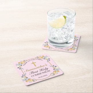 Dessous-de-verre Carré En Papier Elégante Croix d'or rose Floral 1ère Sainte Commun