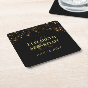 Dessous-de-verre Carré En Papier Élégante étoile dorée sur Mariage simple noir