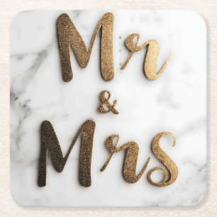Dessous-de-verre Carré En Papier Elégante Parties scintillant d'or "Mr & Mrs" sur u