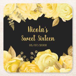 Dessous-de-verre Carré En Papier Élégantes Fleurs Jaunes et Dorées Sweet Sixteen