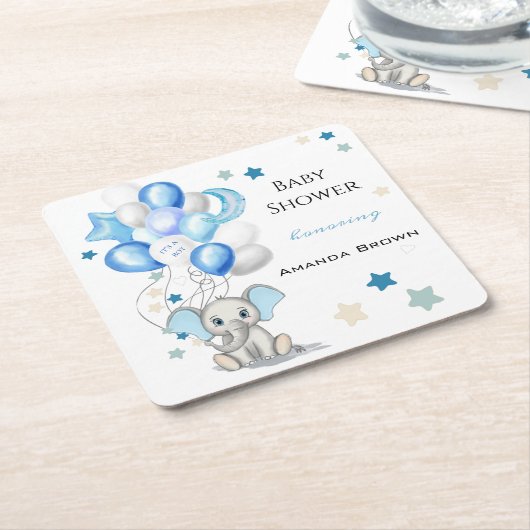 Dessous-de-verre Carré En Papier Eléphant bébé mignon avec ballons Baby shower garç (Incliné)