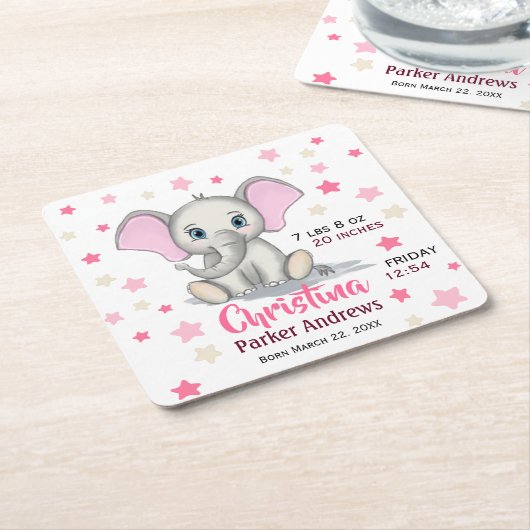 Dessous-de-verre Carré En Papier Eléphant bébé mignon avec oreilles roses statistiq (Incliné)