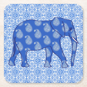 Dessous-de-verre Carré En Papier Éléphant de Paisley - bleu et blanc de cobalt