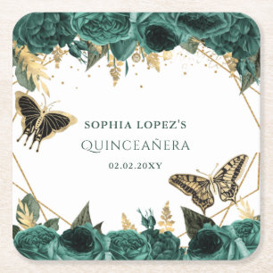 Dessous-de-verre Carré En Papier Emerald Green Or Floral Elegant Quinceanera