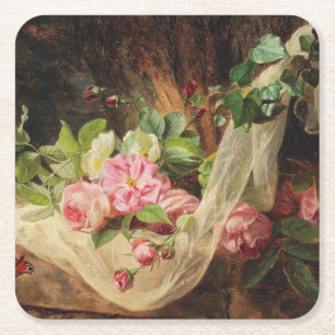 Dessous-de-verre Carré En Papier Encore la vie avec des Roses sur un plancher fores