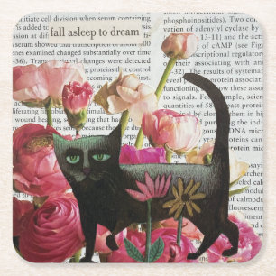 Dessous-de-verre Carré En Papier Endormez-vous pour rêver Chat noir Fleurs roses ch