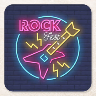 Dessous-de-verre Carré En Papier Enseigne néon Rock Fest simulée contre un mur de b